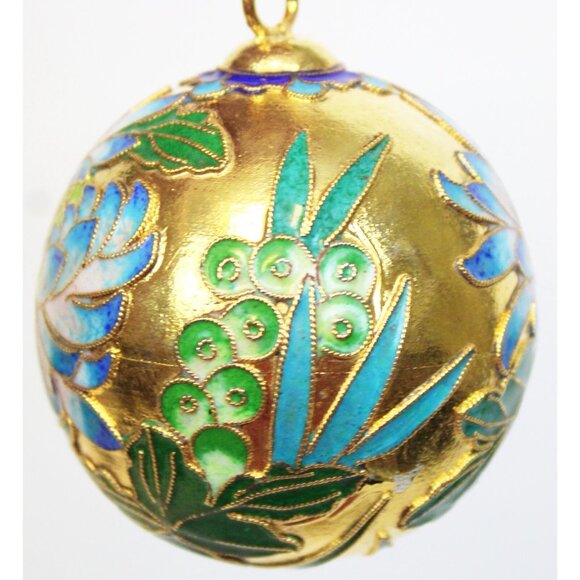 Gold Enameled Cloisonne Ball Ornament Water Lily Berries 2.5" Christmas Decor - Picture 2 of 8